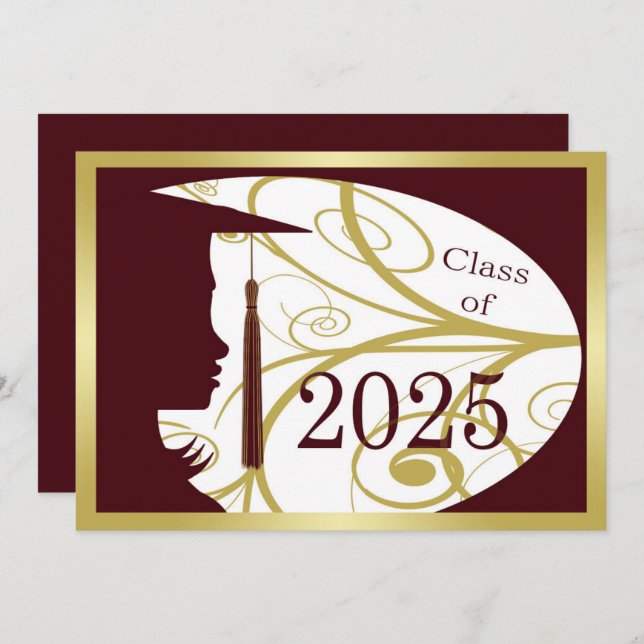 Maroon and Gold Silhouette 2025 Graduation Party Einladung (Vorne/Hinten)