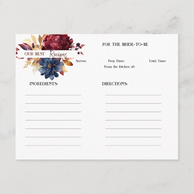 Maroon and Navy Floral Recipe Card Mitteilungskarte (Vorderseite)