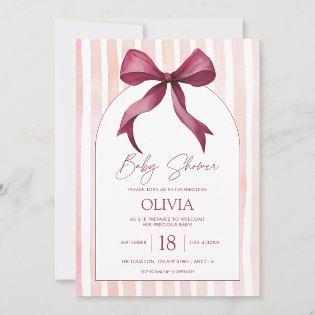 Maroon and Pink Bow Watercolor Baby Shower Invite Mitteilungskarte (Vorderseite)