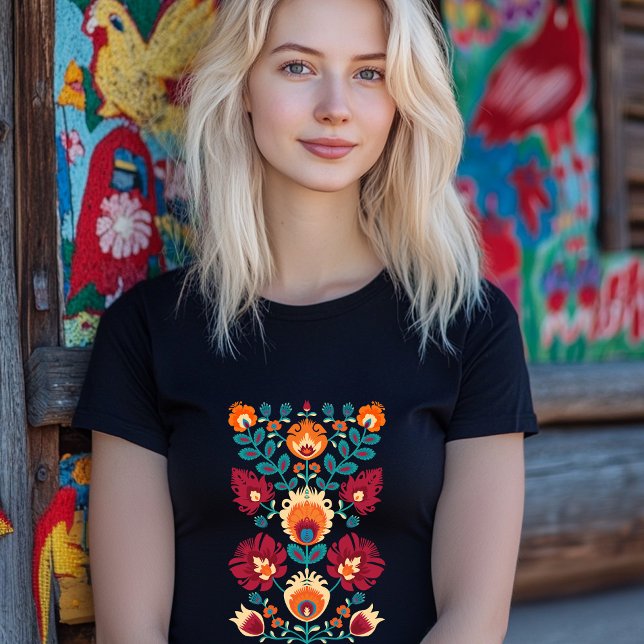 Maroon, aquamarin und pastellgelb Folk Wycinanki T-Shirt (Beautiful polish folklore composition)