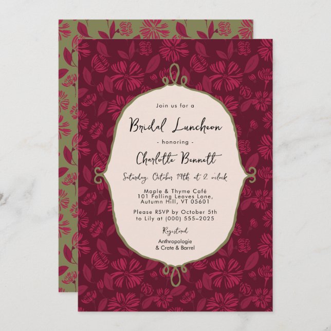 Maroon Autumn Floral Bridal Luncheon Einladung (Vorne/Hinten)