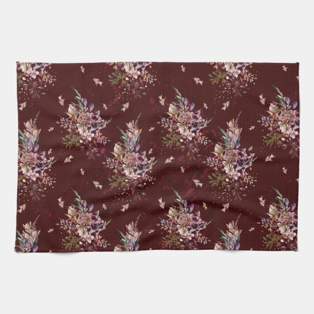 Maroon Autumn Herbst Floral Kittuch Geschirrtuch (Horizontal)