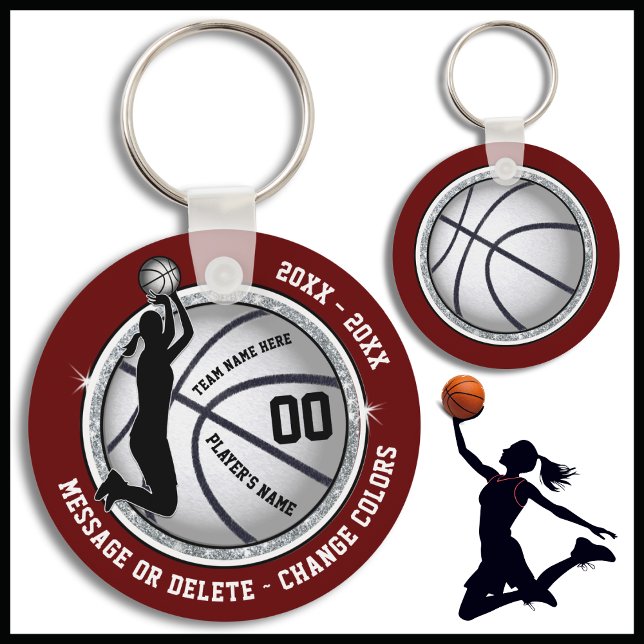 Maroon, Basketball Themed Gastgeschenke Schlüsselanhänger (Maroon, Silver and Black, Personalized Basketball Team Gifts. Cheap Basketball Bag Tags for Girls. )