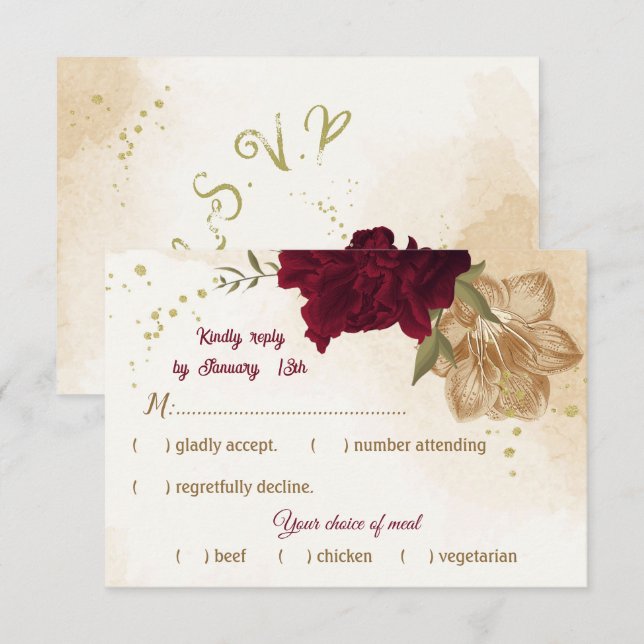 Maroon-Beige RSVP Karte (Vorne/Hinten)