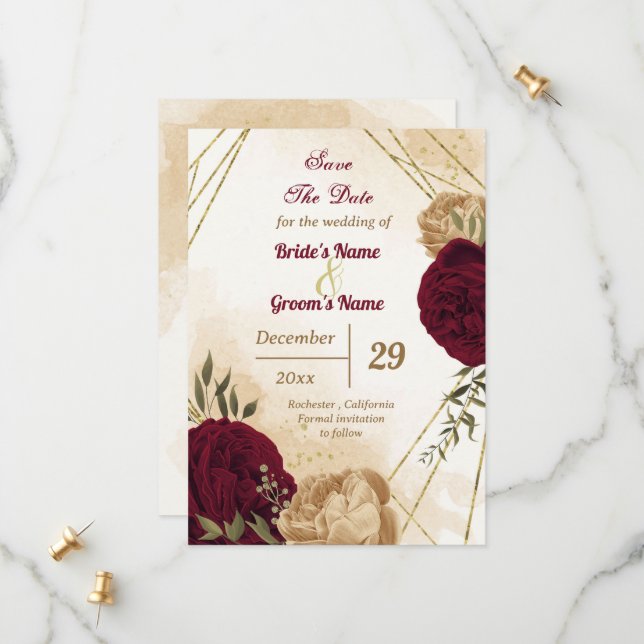 Maroon-Beige Save The Date (Vorderseite/Rückseite Beispiel)