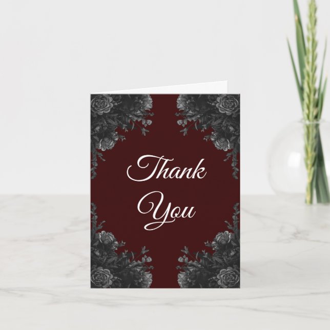 Maroon Black Elegant Floral Wedding Dankeskarte (Vorderseite)