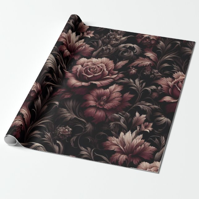 Maroon Black Floral Geschenkpapier (Ungerollt)