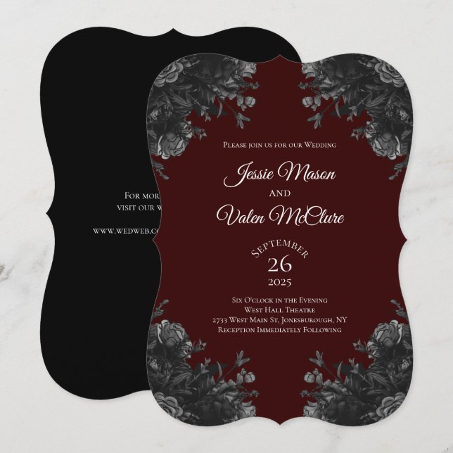 Maroon Black Gray Rose Gothic Elegante Hochzeit Einladung (Vorne/Hinten)