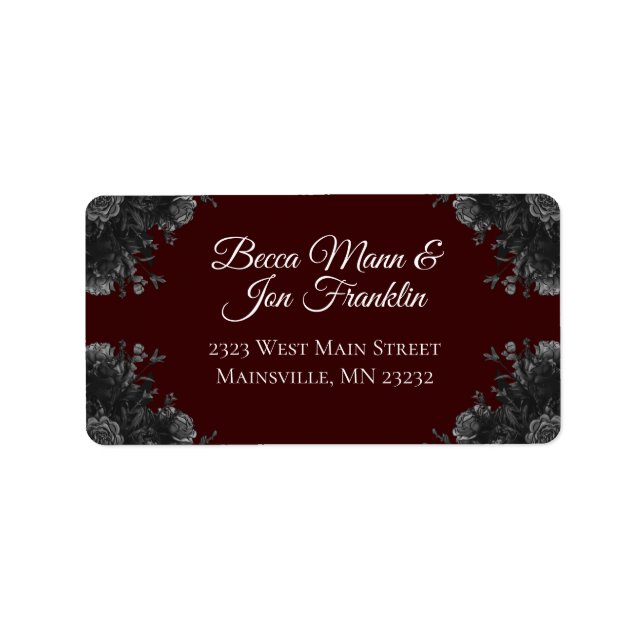 Maroon Black Gray Rose Gothic Wedding Adressaufkleber (Vorne)
