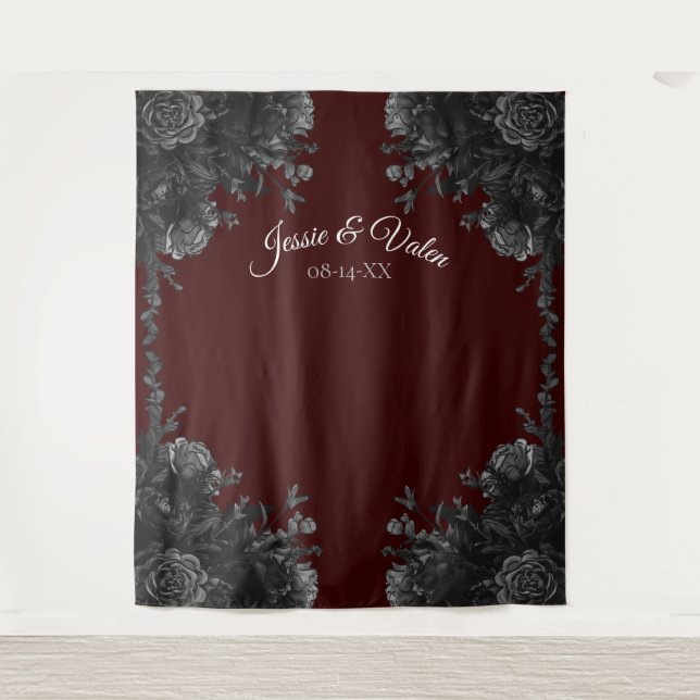 Maroon Black Gray Rose Gothic Wedding Wandteppich (Vorderseite)