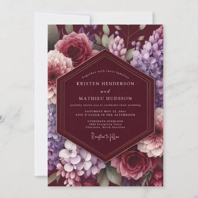 Maroon Bloom Enchantment Wedding Einladung (Vorderseite)