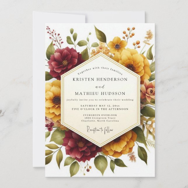 Maroon Bloom Harvest Wedding Einladung (Vorderseite)