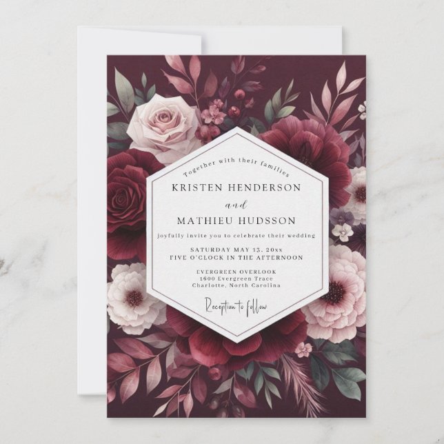 Maroon Bloom Romance Hochzeit Einladung (Vorderseite)