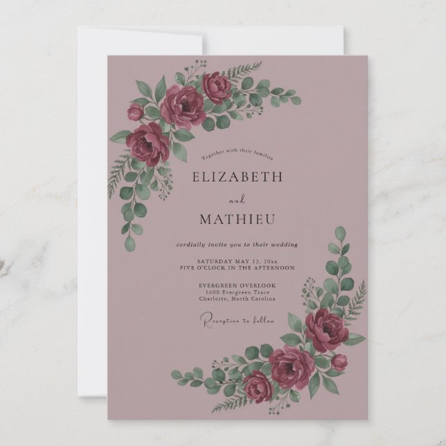 Maroon Bloom Romantische Hochzeit Einladung (Vorderseite)
