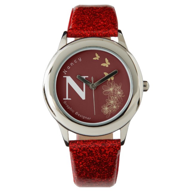 Maroon-Blume-Schmetterling-Miniaturkinder Armbanduhr (Vorderseite)