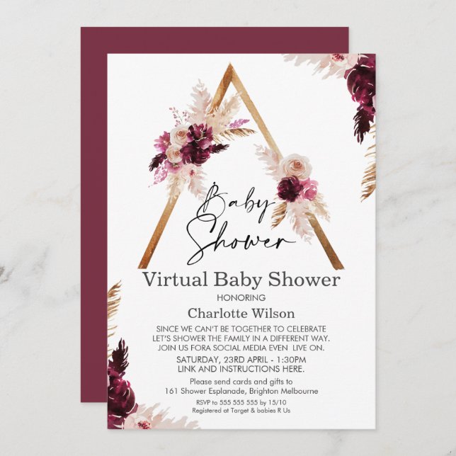 Maroon Boho Pampas Virtual Baby Shower Einladung (Vorne/Hinten)