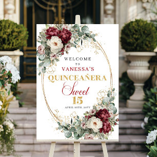 Maroon Boho Quinceanera Willkommensschild Floral G Poster