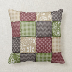 Maroon, Brown, Tan & Green Quilt Look Kissen