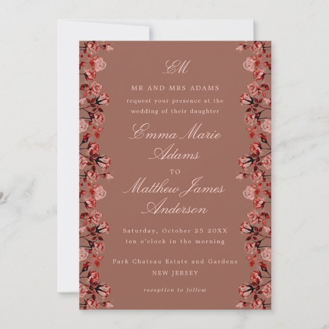 Maroon Brown Watercolor Rustic Boho Chic Wedding Einladung (Vorderseite)