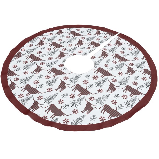 Maroon Buffalo Kariertes länghorn Muster Polyester Weihnachtsbaumdecke (Schrägansicht)