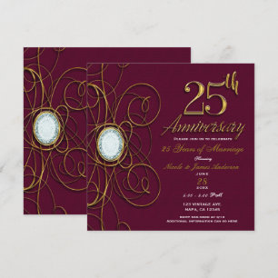Maroon Burgund und Gold Diamant 25 25. Jubiläum Einladung