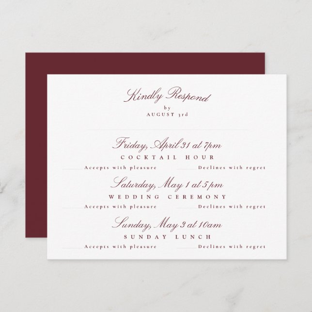 Maroon Burgundy Elegant Calligraphy Multi-Event RSVP Karte (Vorne/Hinten)