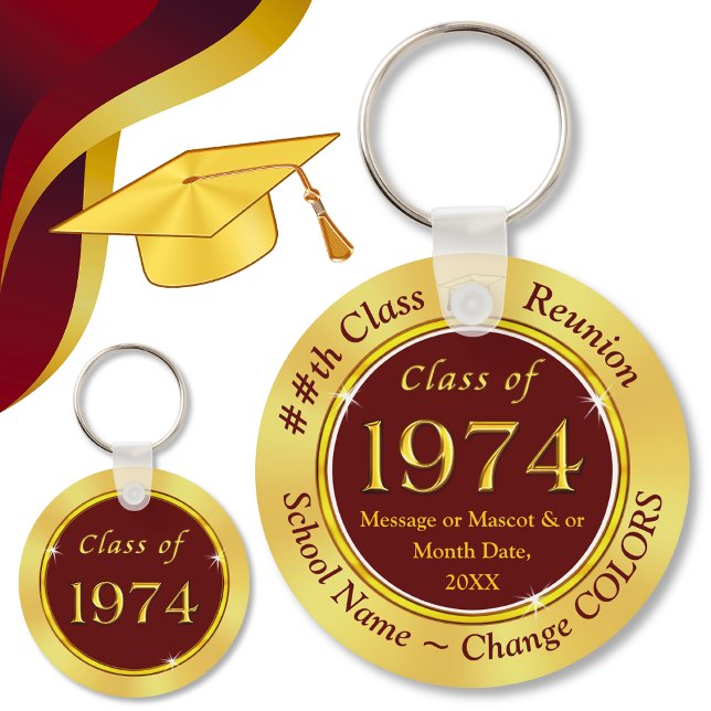 Maroon Burgundy Gold, Custom Class of 1974 Favors Schlüsselanhänger (Class of 74. Maroon 50th reunion favors. The class of 74. Class of 74. High school reunion party. )