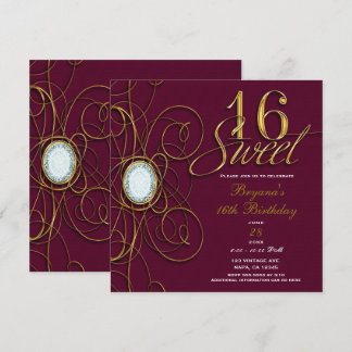 Maroon Burgundy Gold Diamond Sweet 16 Geburtstag Einladung