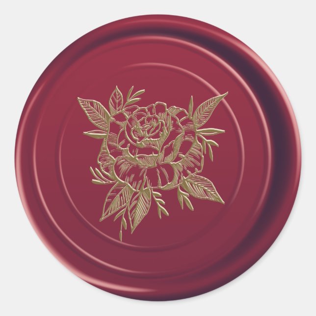 Maroon Burgundy Wax Siegel Elegante Gold Rose Runder Aufkleber (Vorderseite)