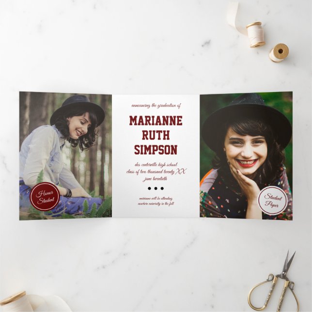 Maroon Circles 5-Foto-Abschluss Dreifach Gefaltete Einladung (Innenseite)