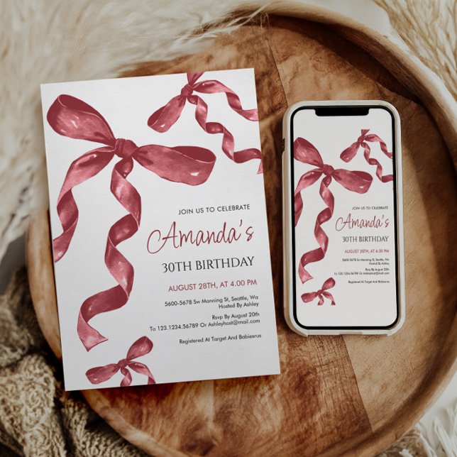 Maroon Coquette Bow Birthday Einladung (Von Creator hochgeladen)