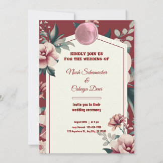 Maroon Cream & Green Vintag Floral Border Wedding Einladung