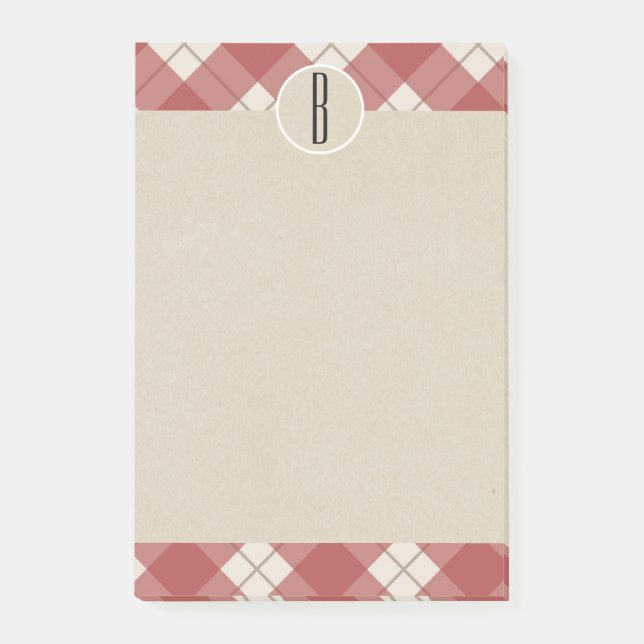 Maroon Cream Kariert Kraft Rustic Monogram Initial Post-it Klebezettel (Vorderseite)