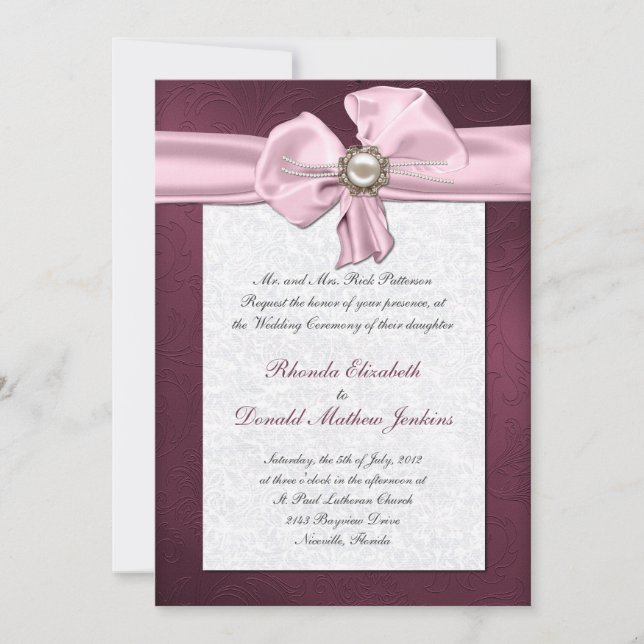 Maroon Damask Einladung zur Hochzeit (Vorderseite)