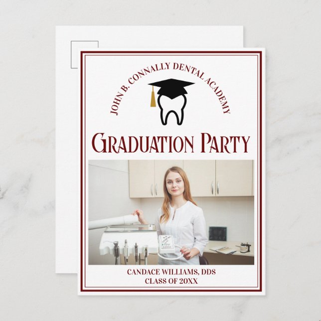 Maroon Dental School Foto Custom Graduation Party Einladungspostkarte (Vorne/Hinten)