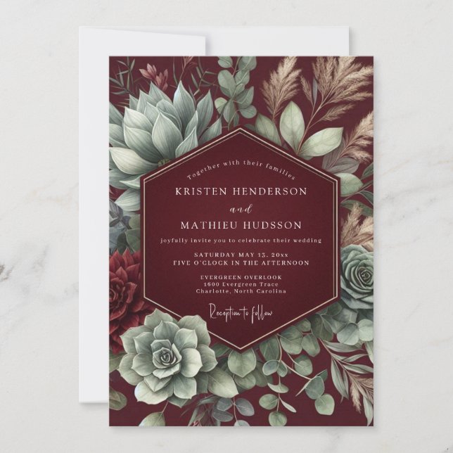 Maroon Desert Bloom Wedding Einladung (Vorderseite)