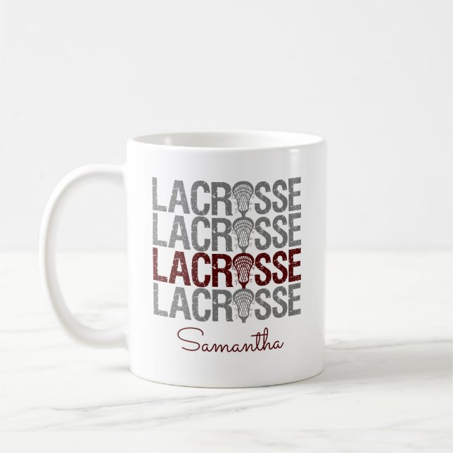 Maroon Distressed Lacrosse Word Kaffeetasse (Links)