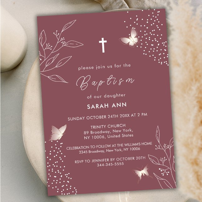 Maroon Elegant Blätter Butterfly Cross Taufe Einladung (Maroon Elegant Leave Butterfly Cross Baptism Invitation)