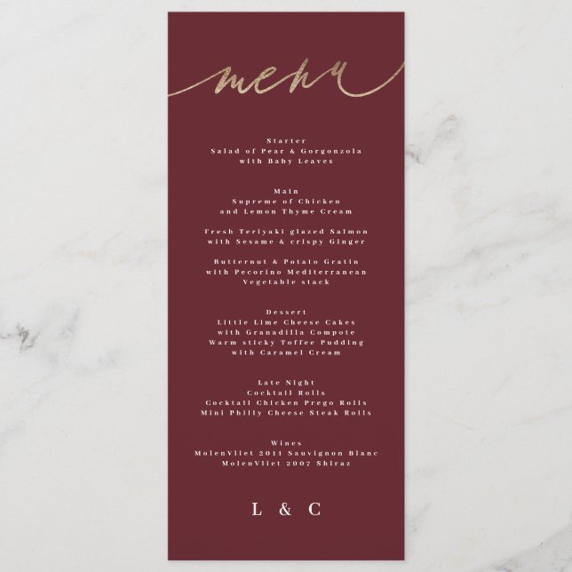 Maroon Elegant Dark Red Plum Burgundy Wedding Menükarte (Vorderseite)