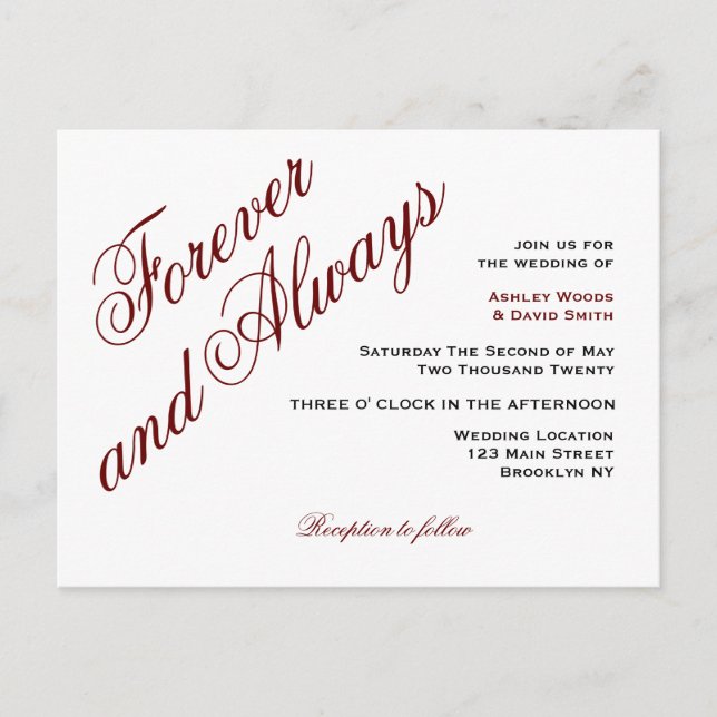 Maroon Elegant Script Wedding Postcard Einladungspostkarte (Vorderseite)