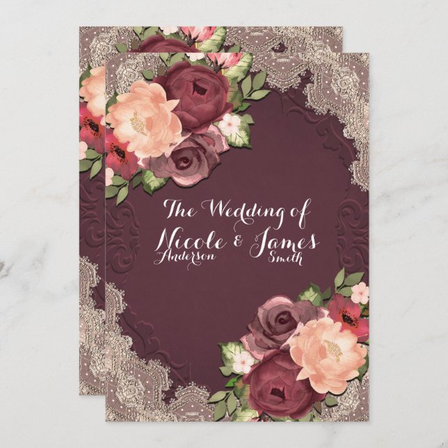 Maroon Elegante Lace & Floral Moderne Chic Hochzei Einladung (Vorne/Hinten)