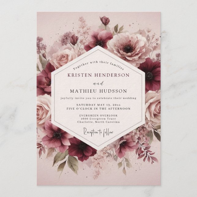 Maroon Ethereal Bloom Wedding Einladung (Vorderseite)