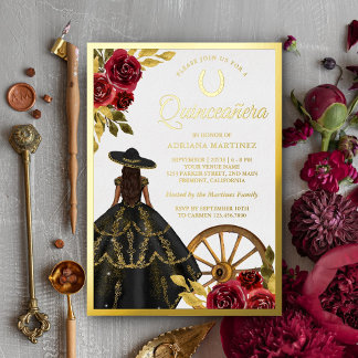 Maroon Floral Black Dress Charro Quinceanera Gold Folieneinladung