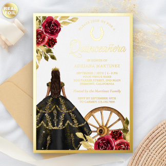 Maroon Floral Black Dress Tiara Quinceanera Gold Folieneinladung