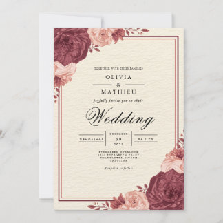 Maroon Floral Romantic Arch Wedding Einladung