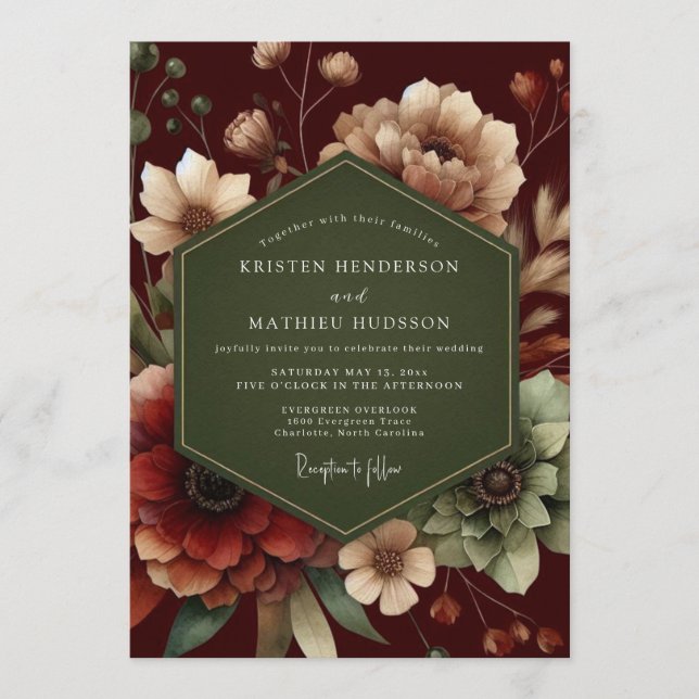 Maroon Forest Bloom Wedding Einladung (Vorderseite)