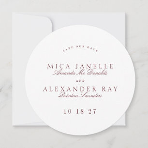 Maroon Formal Classic Calligraphy Round Foto Save The Date