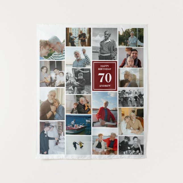 Maroon Foto Collage Happy Geburtstag Name & Alter Wandteppich (Vorderseite)