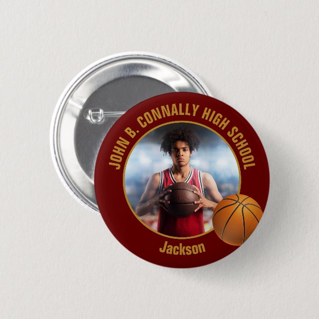 Maroon Gold Basketball Player Photo High School Button (Vorne & Hinten)
