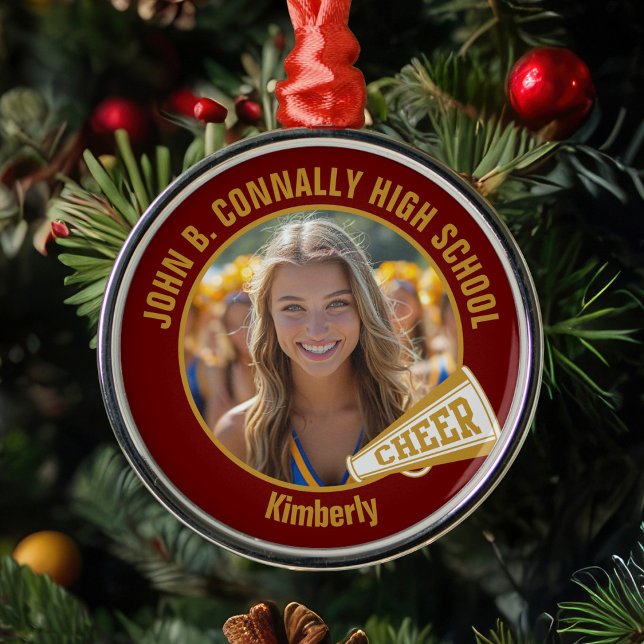 Maroon Gold Cheerleader Photo Christmas Ornament Aus Metall (Von Creator hochgeladen)